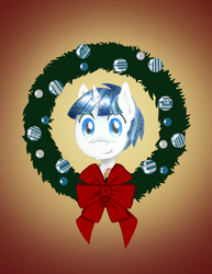 Size: 2550x3300 | Tagged: safe, artist:flutterluv, stygian, pony, unicorn, g4, christmas wreath, high res, male, smiling, solo, stallion, wreath