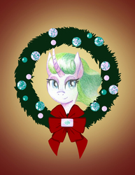 Size: 2550x3300 | Tagged: safe, artist:flutterluv, mistmane, pony, unicorn, g4, christmas wreath, curved horn, female, high res, horn, mare, smiling, solo, wreath