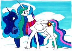 Size: 3477x2460 | Tagged: safe, artist:killerteddybear94, princess celestia, princess luna, alicorn, pony, g4, clothes, cloud, cutie mark, duo, high res, open mouth, royal sisters, scarf, smiling, snow, traditional art, walking
