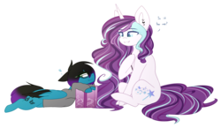 Size: 2749x1599 | Tagged: safe, artist:despotshy, oc, oc only, oc:despy, oc:magical brownie, pegasus, pony, unicorn, clothes, colored wings, duo, female, glasses, hoodie, mare, multicolored wings, present, prone, simple background, sitting, transparent background