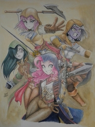 Size: 1500x2007 | Tagged: safe, artist:kvorias23, limestone pie, marble pie, maud pie, pinkie pie, equestria girls, g4, assassin's creed, clothes, crossover, equestria girls-ified, female, gun, handgun, hoodie, looking at you, pie sisters, pistol, rapier, siblings, sisters, smiling, sword, traditional art, weapon
