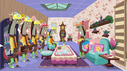 Size: 1280x720 | Tagged: safe, screencap, discord, draconequus, discordant harmony, g4, couch, discord crew, discord's house, hard hat, living room, male, multeity, self paradox, teapot