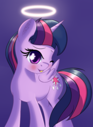 Size: 438x598 | Tagged: dead source, safe, artist:brok-enwings, twilight sparkle, alicorn, pony, g4, cute, female, halo, mare, one eye closed, smiling, solo, twiabetes, twilight sparkle (alicorn), wink