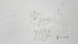 Size: 4032x2268 | Tagged: safe, artist:parclytaxel, oc, oc only, oc:parcly taxel, alicorn, pony, ain't never had friends like us, albumin flask, parcly taxel in japan, airport, alicorn oc, female, horn, horn ring, japan, kansai airport, lineart, looking up, mare, monochrome, moon, osaka, pencil drawing, smiling, solo, spread wings, story included, sun, traditional art, wings