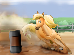 Size: 941x701 | Tagged: safe, artist:ltrm35a2, applejack, horse, pony, g4, barrel, female, fence, racing, rodeo, smiling, solo