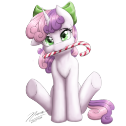 Size: 1024x1024 | Tagged: safe, artist:novaintellus, sweetie belle, pony, unicorn, g4, adult, bow, bowtie, candy, candy cane, chest fluff, cute, diasweetes, female, filly, food, hair bow, horn, looking at you, mare, mouth hold, simple background, sitting, solo, transparent background