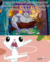 Size: 600x750 | Tagged: safe, artist:tony fleecs, edit, idw, screencap, angel bunny, rabbit, squirrel, g4, keep calm and flutter on, legends of magic #9, my little pony: legends of magic, spoiler:comic, context is for the weak, hub logo, meme, muscles, screaming, text edit, the fairly oddparents