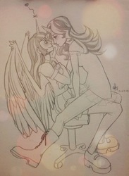Size: 1836x2512 | Tagged: safe, artist:noselfpreservation, sunset shimmer, twilight sparkle, alicorn, human, equestria girls, g4, blushing, book, chair, female, horn, horned humanization, humanized, imminent kissing, lesbian, magic, monochrome, ship:sunsetsparkle, shipping, sitting on person, traditional art, twilight sparkle (alicorn), winged humanization, wings