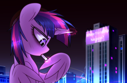 Size: 2232x1452 | Tagged: safe, artist:php69, twilight sparkle, alicorn, pony, g4, broken horn, building, cigarette, city, cracked horn, engrish, female, hat, horn, lidded eyes, mare, night, sign, smoking, solo, spread wings, twilight sparkle (alicorn), wing hands, wings