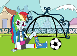 Size: 2337x1700 | Tagged: safe, artist:equestriaguy637, rainbow dash, equestria girls, g4, ball, boots, building, canterlot high, clothes, cutie mark on clothes, female, fence, football, goal post, grass, house, looking at you, mountain, shoes, sitting, smiling, soccer field, solo, sports, tree, wristband