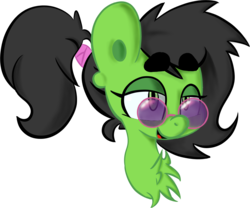 Size: 1000x830 | Tagged: safe, artist:niggerdrawfag, oc, oc only, oc:filly anon, pony, beanbrows, bust, chest fluff, eyebrows, female, filly, hair tie, lidded eyes, open mouth, ponytail, simple background, solo, sunglasses, thick eyebrows, transparent background