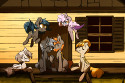 Size: 2155x1435 | Tagged: safe, artist:luxaestas, oc, oc only, oc:angel tears, oc:brick kindler, oc:luca, oc:nuke, oc:sirocca, oc:speck, bat pony, pegasus, pony, angelkindler, bat pony oc, cabin, family, family photo, father and daughter, female, group, group photo, group shot, husband and wife, male, married couple, mother and daughter, smiling, speke