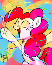 Size: 2400x3000 | Tagged: safe, artist:thedoctordisco, pinkie pie, earth pony, pony, g4, abstract background, bipedal, confetti, eyes closed, female, happy, high res, mare, psychedelic, signature, solo, vivid