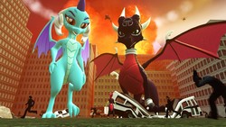 Size: 1280x720 | Tagged: safe, artist:scalelover, princess ember, dragon, human, g4, 3d, city, crossover, cynder, destruction, dragoness, duo focus, explosion, female, giantess, macro, rampage, source filmmaker, spread wings, spyro the dragon (series), the legend of spyro, wings
