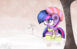 Size: 4108x2611 | Tagged: safe, artist:bronybehindthedoor, twilight sparkle, alicorn, pony, g4, boots, clothes, female, scarf, shoes, snow, snowfall, solo, twilight sparkle (alicorn), winter