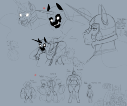 Size: 3000x2500 | Tagged: safe, artist:freehdmcgee, nightmare moon, alicorn, pony, series:getter robo exo, g4, alcohol, angry, cape, clothes, concept art, getter one, getter robo, getter wing, glowing eyes, height difference, heightmare moon, high res, mazinger, mazinger z, moon, optimus prime, ryoma nagare, scared, sketch, transformers, yelling