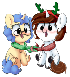 Size: 1908x2110 | Tagged: safe, artist:pucksterv, oc, oc only, oc:eleos, oc:watcher, pony, unicorn, blushing, clothes, cute, duo, fangs, gift art, ocbetes, scarf, simple background, sitting, smiling, transparent background, unshorn fetlocks