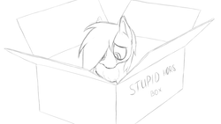 Size: 2560x1440 | Tagged: safe, artist:coreboot, derpy hooves, pegasus, pony, g4, box, crying, monochrome, pony in a box, sad, shaming, sketch, solo
