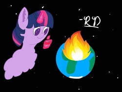 Size: 1024x768 | Tagged: safe, artist:rubydeluxe, twilight sparkle, g4, burning, cloud, cloud horse, ear fluff, earth, fire, food, glowing horn, horn, magic, magic aura, pony bigger than a planet, popcorn, some mares just want to watch the world burn, some men just want to watch the world burn, space, stars, telekinesis, twicloud