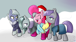 Size: 1600x900 | Tagged: safe, artist:yakoshi, limestone pie, marble pie, maud pie, pinkie pie, earth pony, pony, g4, christmas, clothes, coat, eyes closed, female, hat, holiday, mare, open mouth, pie sisters, raised hoof, santa hat, scarf, siblings, sisters, smiling, snow