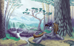 Size: 2000x1236 | Tagged: safe, artist:abavus, oc, oc only, oc:rainyspeckles, pegasus, pony, cap, female, forest, glasses, hat, mare, mountain, pine tree, prone, river, tree, under the tree