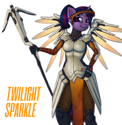 Size: 1936x1982 | Tagged: safe, artist:marsminer, twilight sparkle, human, anthro, g4, female, mercy, overwatch, simple background, smiling, solo, white background, winged humanization, wings