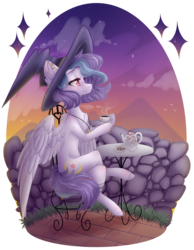 Size: 1330x1712 | Tagged: safe, artist:monogy, oc, oc only, oc:shylu, pegasus, pony, cookie, cup, female, food, hat, mare, simple background, solo, teacup, teapot, transparent background, twilight (astronomy), witch hat