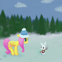 Size: 4000x4000 | Tagged: safe, artist:re7natus, angel bunny, fluttershy, pegasus, pony, g4, axe, duo, folded wings, hat, looking at each other, snow, weapon, wings, winter, winter outfit