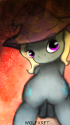 Size: 640x1136 | Tagged: safe, artist:wolfkrft, trixie, pony, unicorn, g4, arm behind back, bipedal, clothes, female, hat, looking at you, magic, mare, signature, solo, trixie's hat