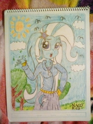 Size: 1200x1600 | Tagged: safe, artist:nicknick22, trixie, equestria girls, g4, cloud, female, solo, sun, traditional art, tree