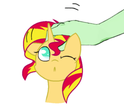 Size: 655x579 | Tagged: safe, artist:0darky0, edit, sunset shimmer, oc, oc:anon, pony, unicorn, g4, :<, cute, disembodied hand, hand, human on pony petting, one eye closed, petting, shimmerbetes, simple background, white background