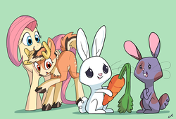 Size: 8000x5440 | Tagged: safe, artist:docwario, angel bunny, fluttershy, oc, oc:willowtree, pony, rabbit, g4, absurd resolution, carrot, female, food, gay, male, shipping, straight