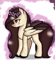 Size: 514x558 | Tagged: safe, artist:nyokoart, oc, oc only, oc:akemi fly, pegasus, pony, blushing, colored hooves, colored wings, colored wingtips, cute, female, floral head wreath, flower, mare, solo
