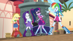 Size: 1280x718 | Tagged: safe, screencap, applejack, rainbow dash, rarity, sci-twi, twilight sparkle, equestria girls, movie magic, spoiler:eqg specials, boots, clothes, compression shorts, cowboy hat, denim skirt, female, freckles, geode of super speed, geode of telekinesis, glasses, hat, india movie set, magical geodes, mary janes, open mouth, ponytail, sci-twi outfits, shoes, skirt, socks, stetson