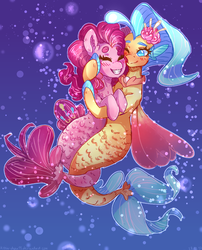Size: 1700x2100 | Tagged: dead source, safe, artist:kitsu-chan11, pinkie pie, princess skystar, earth pony, seapony (g4), g4, my little pony: the movie, blushing, bubble, chest fluff, digital art, dorsal fin, ear fluff, eyes closed, female, fin, fin wings, fins, fish tail, flower, flower in hair, flowing mane, flowing tail, jewelry, lesbian, mare, necklace, ocean, one eye closed, pearl necklace, scales, seaponified, seapony pinkie pie, ship:skypie, shipping, smiling, species swap, swimming, tail, teeth, underwater, water, wings