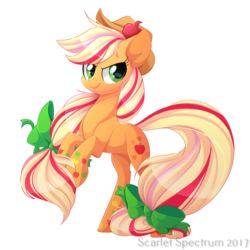 Size: 1024x1024 | Tagged: safe, artist:scarlet-spectrum, applejack, earth pony, pony, g4, apple, applejack's hat, cowboy hat, female, food, freckles, hat, looking at you, mare, rainbow power, rearing, simple background, smiling, smiling at you, solo, stetson, transparent background