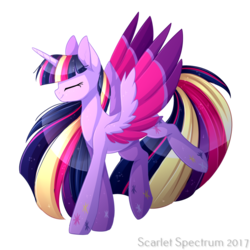 Size: 1024x1024 | Tagged: safe, artist:scarlet-spectrum, twilight sparkle, alicorn, pony, g4, eyes closed, female, long mane, long tail, mare, rainbow power, simple background, slender, smiling, solo, spread wings, tail, thin, transparent background, twilight sparkle (alicorn), wings