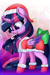 Size: 1400x2100 | Tagged: safe, artist:madacon, twilight sparkle, alicorn, pony, g4, bow, candy, candy cane, christmas, clothes, costume, cute, female, hat, holiday, horn, mare, mlem, santa costume, santa hat, silly, smiling, socks, solo, starry eyes, sugar cane, tail bow, tongue out, twiabetes, twilight sparkle (alicorn), wingding eyes, wings
