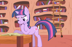 Size: 814x530 | Tagged: safe, artist:nouveau, twilight sparkle, pony, unicorn, g4, female, golden oaks library, library, reading, solo, studying, thinking