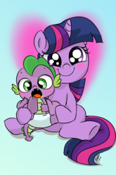 Size: 800x1214 | Tagged: safe, artist:emositecc, spike, twilight sparkle, dragon, pony, unicorn, g4, baby, baby spike, cute, diaper, duo, female, filly, filly twilight sparkle, hnnng, mama twilight, smiling, spikabetes, spikelove, twiabetes, weapons-grade cute, younger