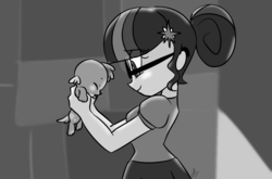 Size: 1214x800 | Tagged: safe, artist:emositecc, sci-twi, spike, spike the regular dog, twilight sparkle, dog, equestria girls, g4, :p, baby, baby puppy spike, baby spike, clothes, cute, duo, glasses, holding a dog, monochrome, puppy, silly, smiling, spikabetes, tongue out, younger