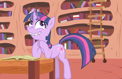 Size: 814x530 | Tagged: safe, artist:nouveau, twilight sparkle, pony, unicorn, g4, female, golden oaks library, guilty, magic, smiling, solo