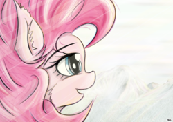 Size: 8486x6000 | Tagged: safe, artist:maneingreen, pinkie pie, g4, absurd resolution, cheek fluff, ear fluff, fluffy, mountain, smiling, snow, sunlight, winter