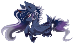 Size: 1194x714 | Tagged: safe, oc, oc only, oc:crystal echo, alicorn, bat pony, hybrid, pony, alicorn oc, curved horn, feather, floating, fluffy, horn, male, multicolored hair, parent:king sombra, parent:princess luna, solo, stallion, unshorn fetlocks