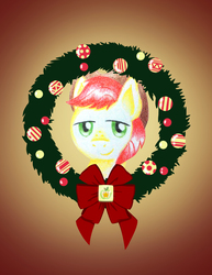 Size: 2550x3300 | Tagged: safe, artist:flutterluv, bright mac, earth pony, pony, g4, bust, christmas wreath, flower, high res, male, portrait, smiling, solo, stallion, wreath