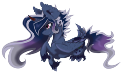 Size: 1194x714 | Tagged: safe, artist:loxes, oc, oc only, oc:crystal echo, alicorn, bat pony, hybrid, pony, alicorn oc, curved horn, feather, floating, fluffy, horn, male, multicolored hair, parent:king sombra, parent:princess luna, simple background, solo, stallion, transparent background, unshorn fetlocks
