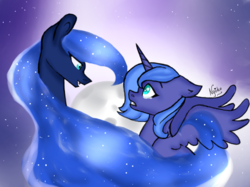 Size: 698x523 | Tagged: safe, artist:nyokoart, princess luna, alicorn, pony, g4, crying, duality, ethereal mane, fangs, s1 luna, starry mane