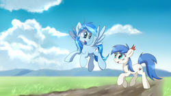Size: 1920x1080 | Tagged: safe, artist:nekokevin, oc, oc only, oc:blue flame, earth pony, pegasus, pony, chest fluff, cloud, female, field, flying, grass, mare, outdoors, sky, smiling, walking