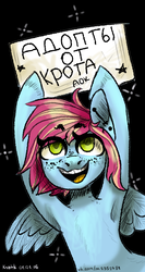 Size: 1596x3000 | Tagged: safe, artist:krotik, oc, oc only, pegasus, pony, armpits, clothes, russian, sign, smiling, solo