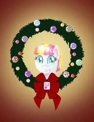 Size: 2550x3300 | Tagged: safe, artist:flutterluv, toola roola, earth pony, pony, g4, bust, christmas wreath, female, filly, grin, high res, portrait, smiling, solo, wreath